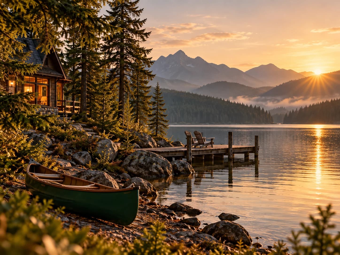 Canoe resting on a quiet mountain lake