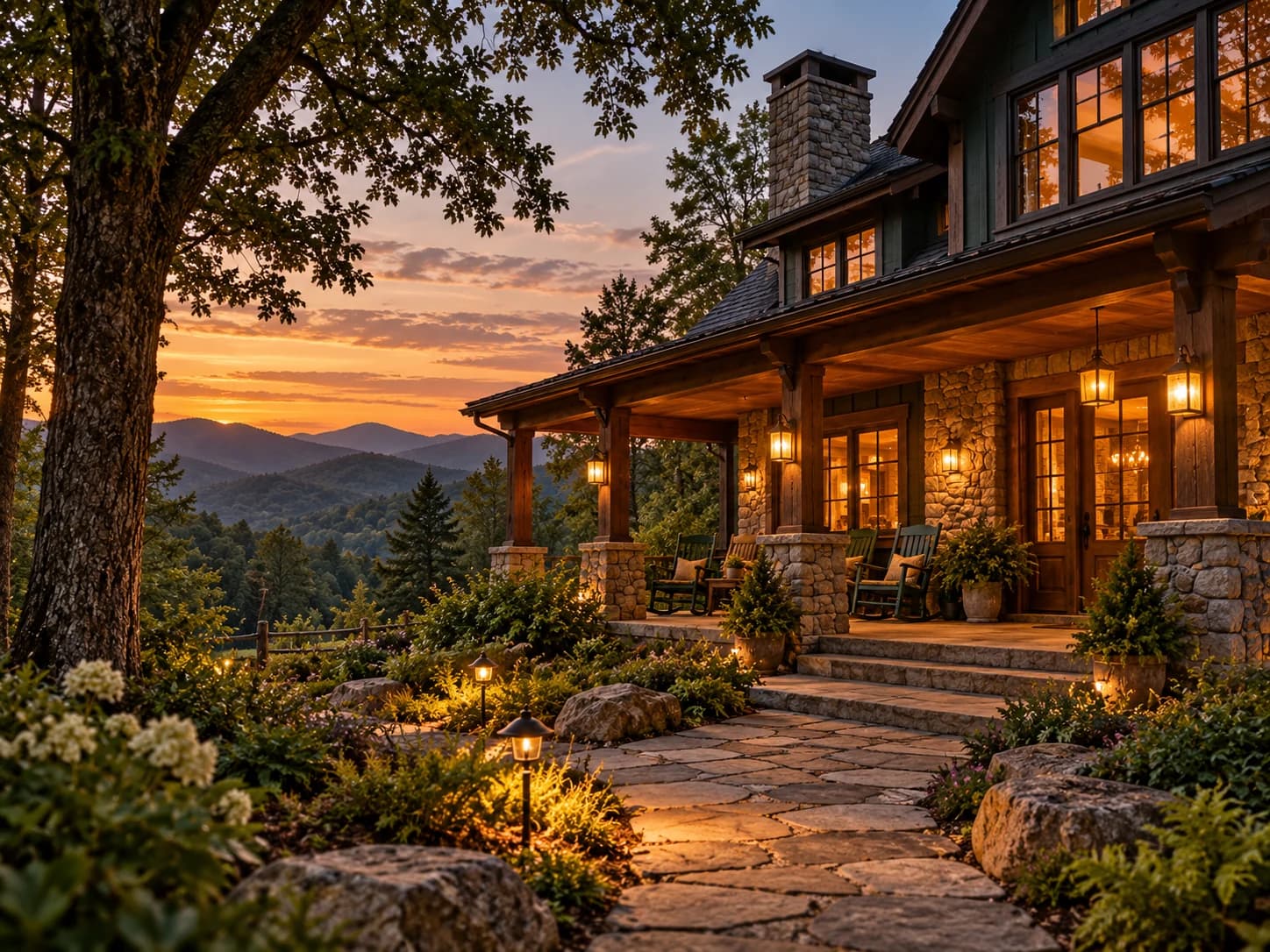 Mountain lodge at dusk